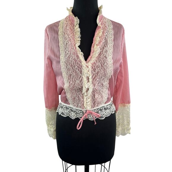 VINTAGE Pink Lace Blouse Ruffled Victorian Style Long Sleeve Top Size Medium - Picture 1 of 8